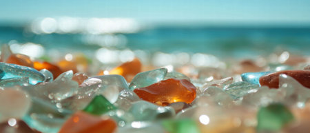 Colorful sea glass scattered on a unique beach under a bright blue skyの素材