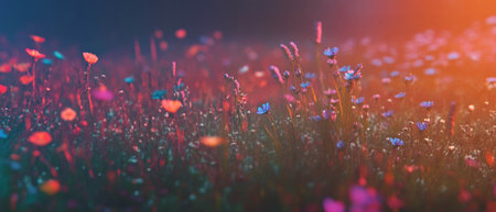 Vibrant wildflowers bloom in a colorful field at sunset enhancing natural beautyの素材