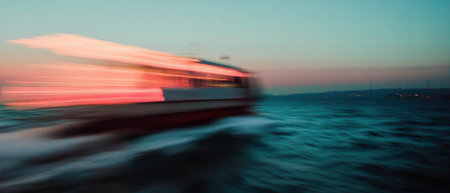 Ferry boat gliding through water with smooth wake during sunset long exposureの素材