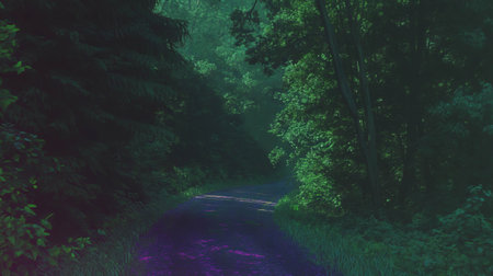 Serene journey on a narrow paved road through dense forest foliageの素材