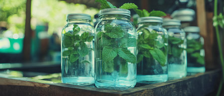 Refreshing mint infused water in jars with fresh mint leaves in a sunlit outdoor settingの写真素材
