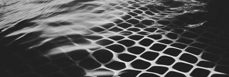Mesh netting and corrugated aluminum reflected in smooth water surface with intricate patternsの素材