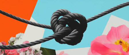Minimalist collage of a knot with floral and geometric elements on a white backgroundの素材