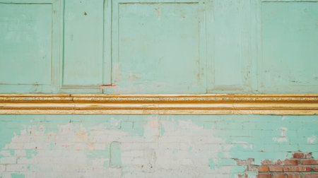 Antique gold molding on distressed wall with mint green and weathered brick texture for art and designの素材