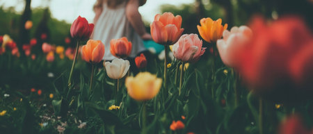 Fields of blooming tulips create vibrant patterns in springtime landscapeの素材