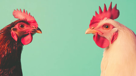 Colorful portrait of chickens against bright background for farm or kitchen decorの素材