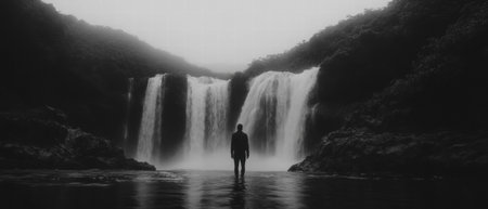 Waterfall cascading in soft focus, a person standing in tranquil water at duskの素材