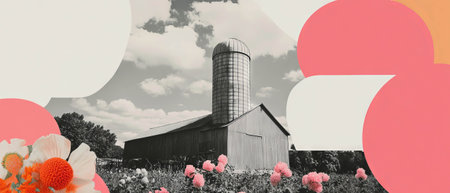 Minimalist collage of a barn with a silo set against geometric shapes and floral designsの素材