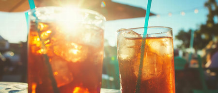 Refreshing iced tea served with ice under a bright sun at an outdoor gatheringの素材