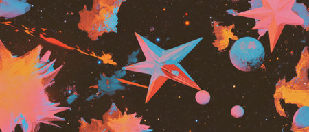 Colorful repeating star shapes create a whimsical cosmic pattern in vibrant hues