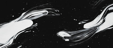 Brushstrokes with splatter effect creating a textured overlay design on black backgroundの素材