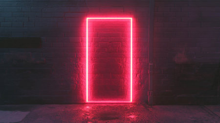 Futuristic pink neon light on dark red brick wall for urban designの素材
