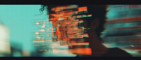 Digital distortion creates a glitch effect with pixelation in a surreal urban settingの素材