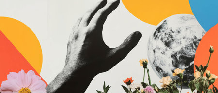 Minimalist collage featuring a statues hand reaching toward a globe among geometric shapesの素材