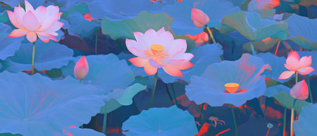 Lotus flowers bloom gracefully with delicate petals and vibrant colors in tranquil watersの素材