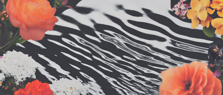 Minimalist collage blending geometric shapes and flowers with a water reflection aboveの素材