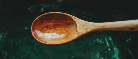 Close-up view of a handcrafted wooden spoon resting against a textured backgroundの素材