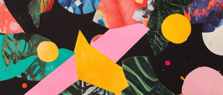 Mixed media collage featuring geometric shapes and vibrant colors on a black backgroundの素材