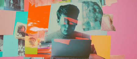 Creative workspace featuring a laptop and vibrant collage of office suppliesの素材