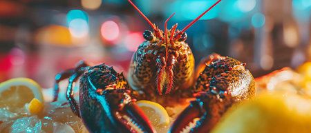Freshly caught lobster with vibrant lemon wedges for a luxurious seafood feastの素材