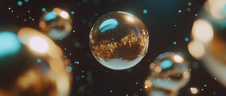 Exploration of cosmic spheres with glittering textures in a vast space backdropの素材