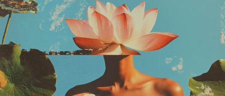 Elegant torso paired with a serene lotus flower creating a tranquil collageの素材