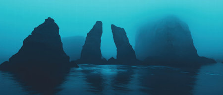 Rocky coastline with dramatic sea stacks and ethereal ambiance at twilightの素材