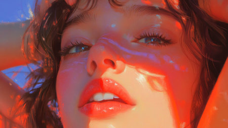 Gentle expression of a woman in sunlit portrait capturing elegance and serenityの素材