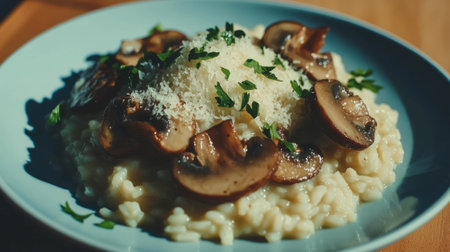 Creamy arborio risotto topped with mushrooms and parmesan garnished with fresh herbsの素材