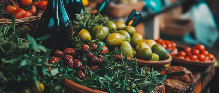 Colorful Mediterranean olive and herb platter with fresh ingredients for a delightful appetizerの素材