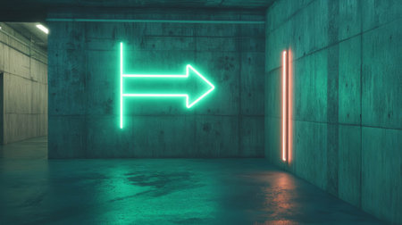 Green neon arrow on grey concrete wall in industrial spaceの素材