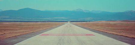 View from the control tower showcasing a long airport runway under a clear skyの素材