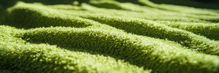 Dense lime green frieze carpet with curled pile and deep shadows creates a vibrant textureの素材
