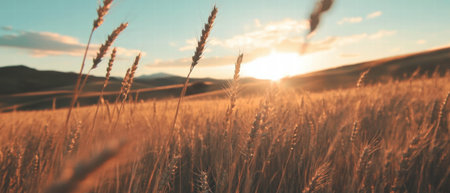 Golden wheat fields basking in sunset light over rolling hills in a peaceful rural landscapeの素材