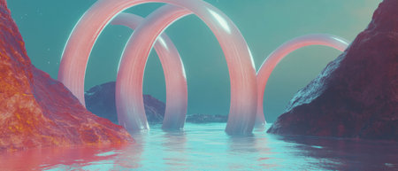 Abstract arches rise from tranquil water, beckoning with hidden meanings and visual puzzlesの素材