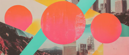 Minimalistic mixed media collage featuring urban skyline with vibrant geometric shapesの素材