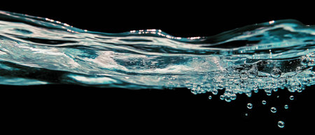 Water bubbles float in a clear liquid on a black background, creating an elegant translucent effectの素材