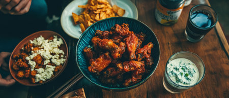 Spicy buffalo wings with blue cheese and tasty snacks for game day gatheringsの素材