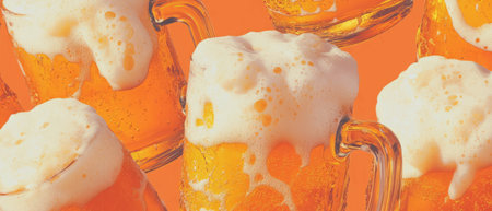 Craft beer mugs with frothy heads create a vibrant pattern for design enthusiastsの素材