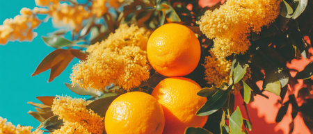 Bright spring flat lay featuring yellow mimosa and vibrant citrus fruitsの素材