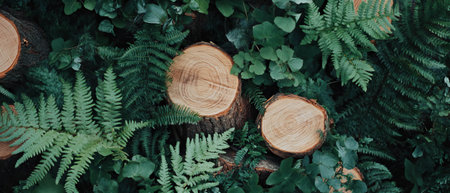 Exploration of green ferns and wooden slices in a natural woodland flat lay aesthetic