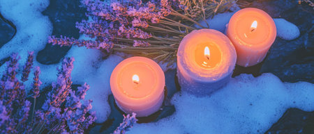 Relaxing flat lay of lavender sprigs and candles creating a calming spa atmosphereの写真素材