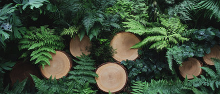Green ferns and wooden slices create a natural woodland flat lay aesthetic