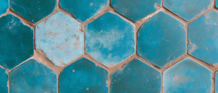 Hexagonal tile honeycomb pattern with geometric and natural elements in rich blue tones