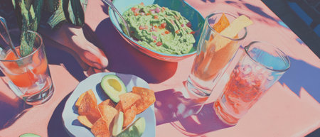 Delicious guacamole served with tortilla chips beside refreshing drinks outdoorsの写真素材
