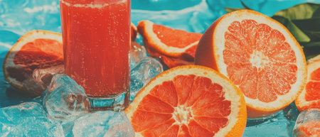 Refreshing grapefruit juice served over ice with fresh slices in a bright setting