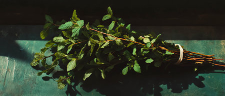 Fresh mint sprigs tied into a fragrant bunch ready for culinary use