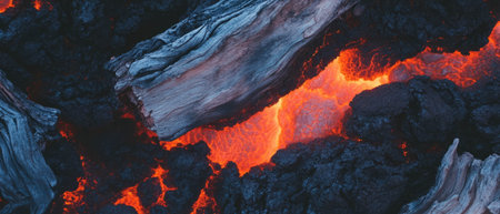 Dynamic interplay of tree bark texture and flowing lava showcasing natural forcesの写真素材