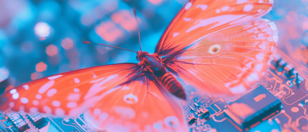 Double exposure of butterfly wings and circuit board represents nature and technology