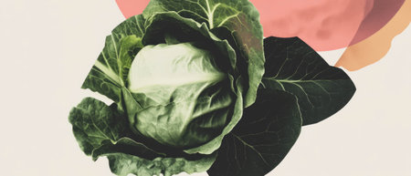 Minimalist collage featuring lettuce with geometric shapes and floral elements on white backgroundの写真素材